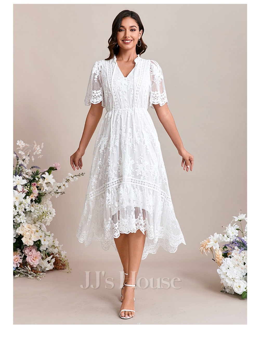 JJ's House White Lace High-Low V-Neck Midi Dress